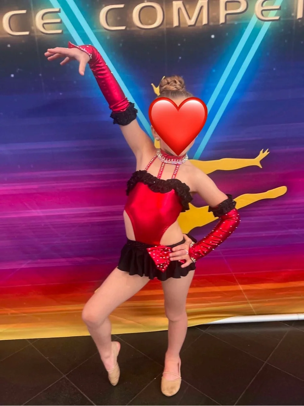 Red and Black Girls' Dance Costume with Arm Sleeves